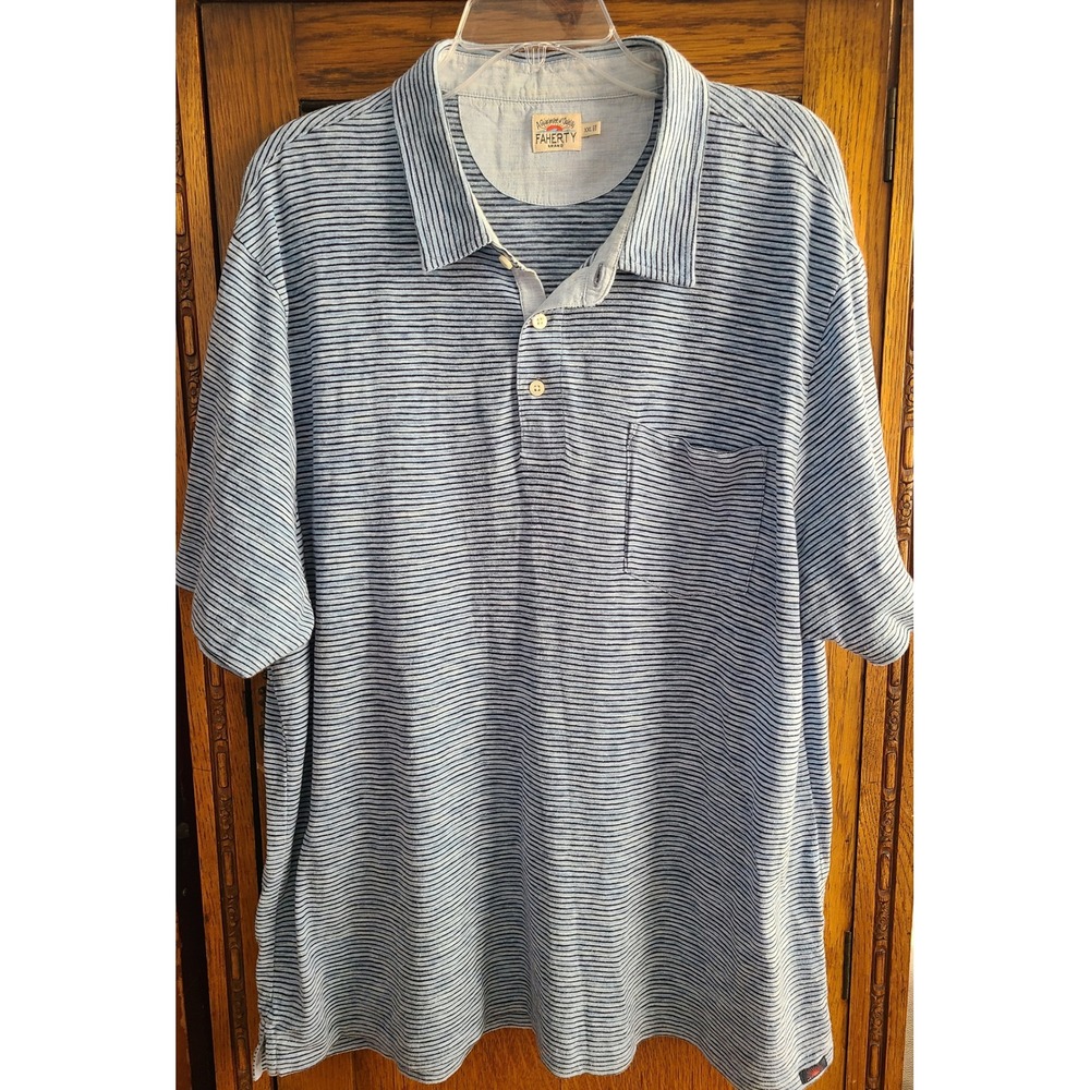 Faherty Brand Mens XXL Blue Striped Short Sleeve Organic Cotton Blend Polo Shirt